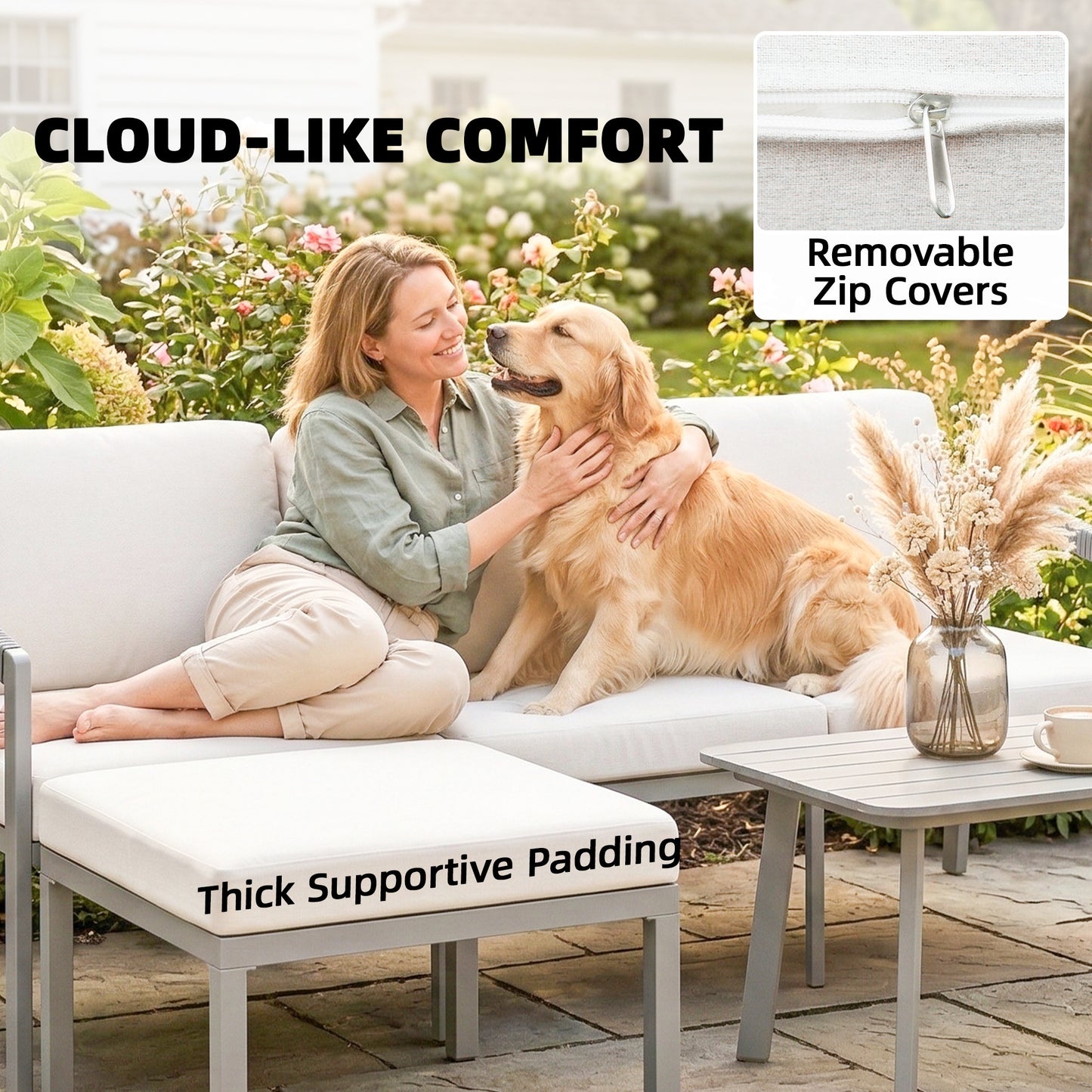 Outsunny 3 Piece Dining Set Outdoor Patio Furniture With 3 Seater Sofa Footstool Coffee Table Cushions