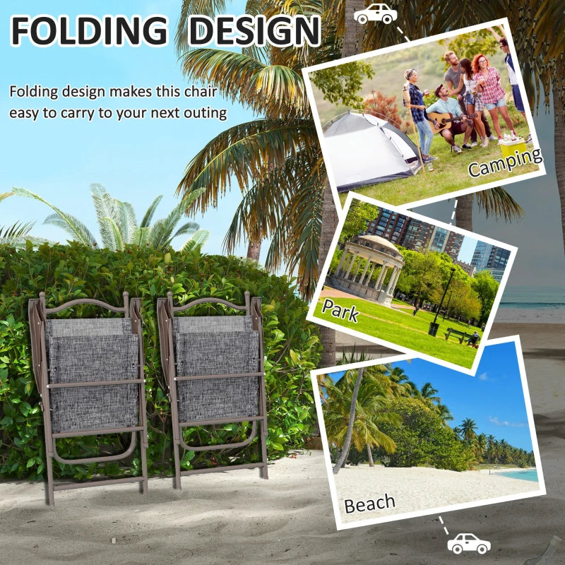 Outsunny Grey Folding Garden Chairs Set of 2 with Fabric Mesh Seats - Portable Outdoor Seating - ALL4U RETAILER LTD