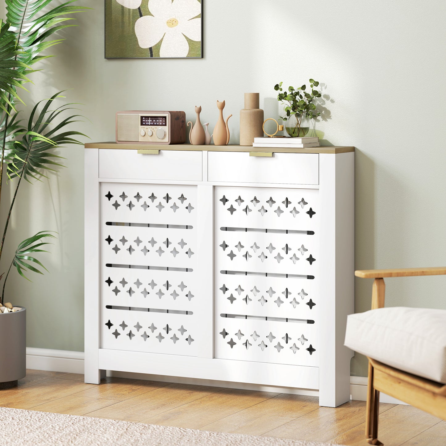 HOMCOM 108 X 19 cm Minimal Radiator Cover With 2 Drawers White Wood Effect Particle Board MDF Blend Safe Design