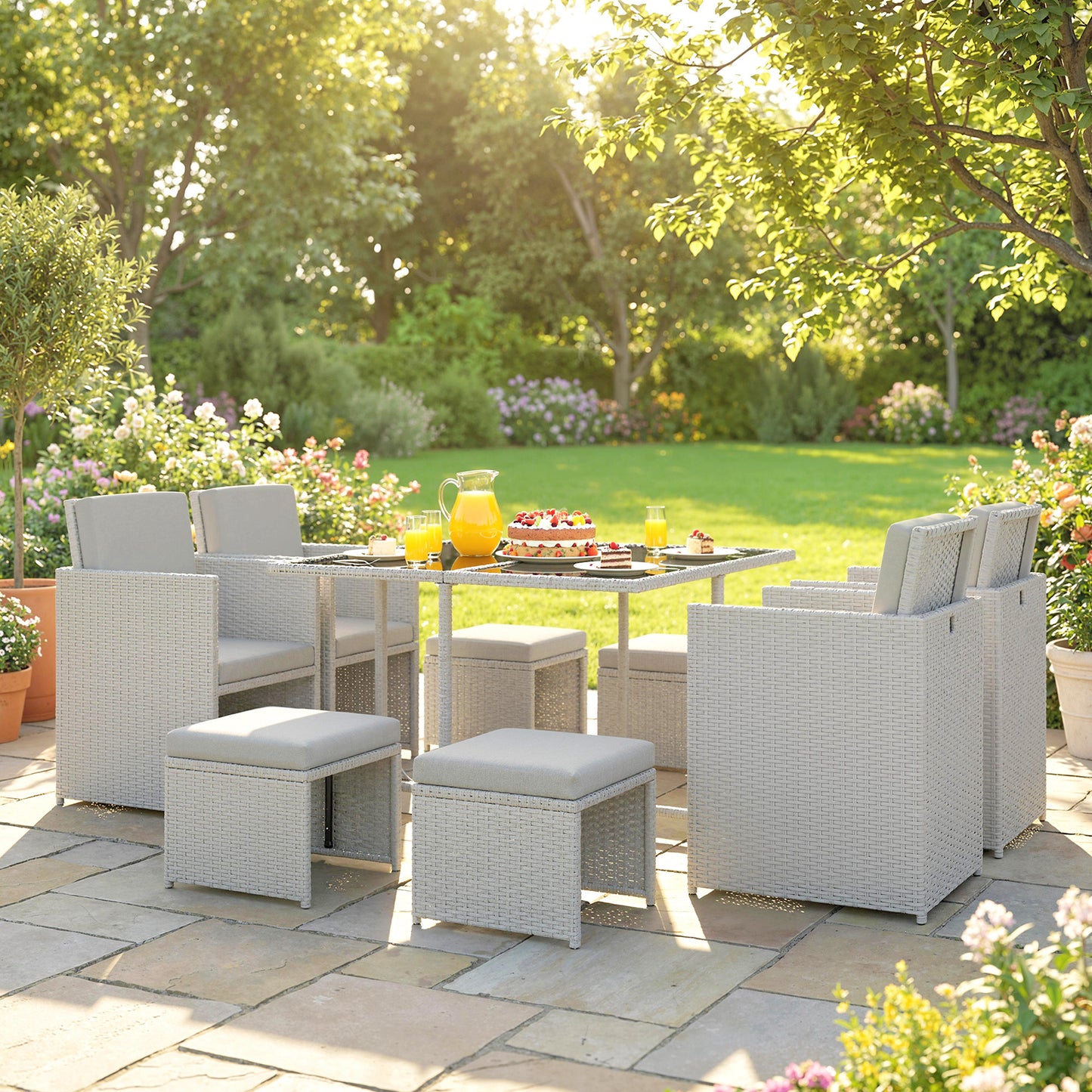 Outsunny 9 Piece Rattan Cube Garden Furniture Dining Set With Armchairs, Footstools And Glass Top Table In Light Grey