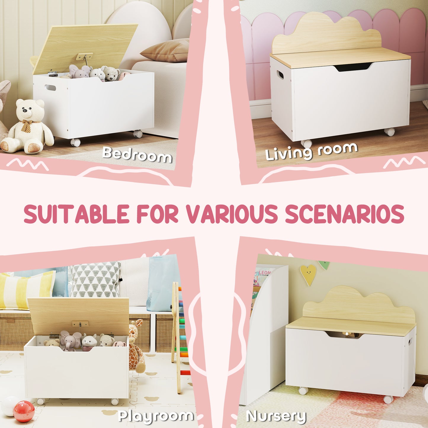 Aiyaplay Toy Box With Lid And Wheels Safety Hinges White Toddler Storage Organizer For Playroom And Bedroom