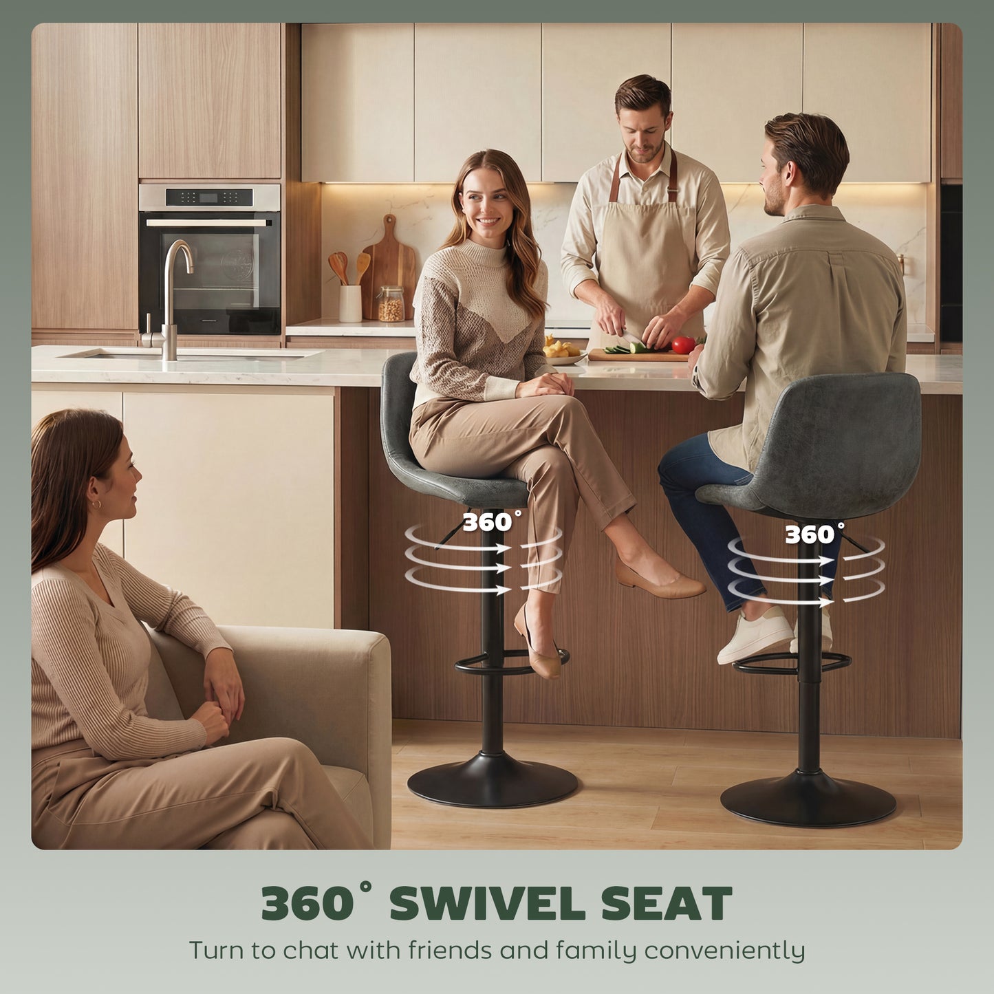 HOMCOM Set of 2 Adjustable Swivel Bar Stools with Footrest for Kitchen Island and Dining Room Green
