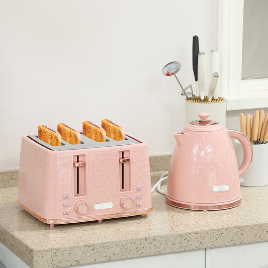 HOMCOM Kettle and Toaster Set 1.7L 3000W Fast Boil Kettle 4 Slice Toaster Honeycomb Pattern Light Pink