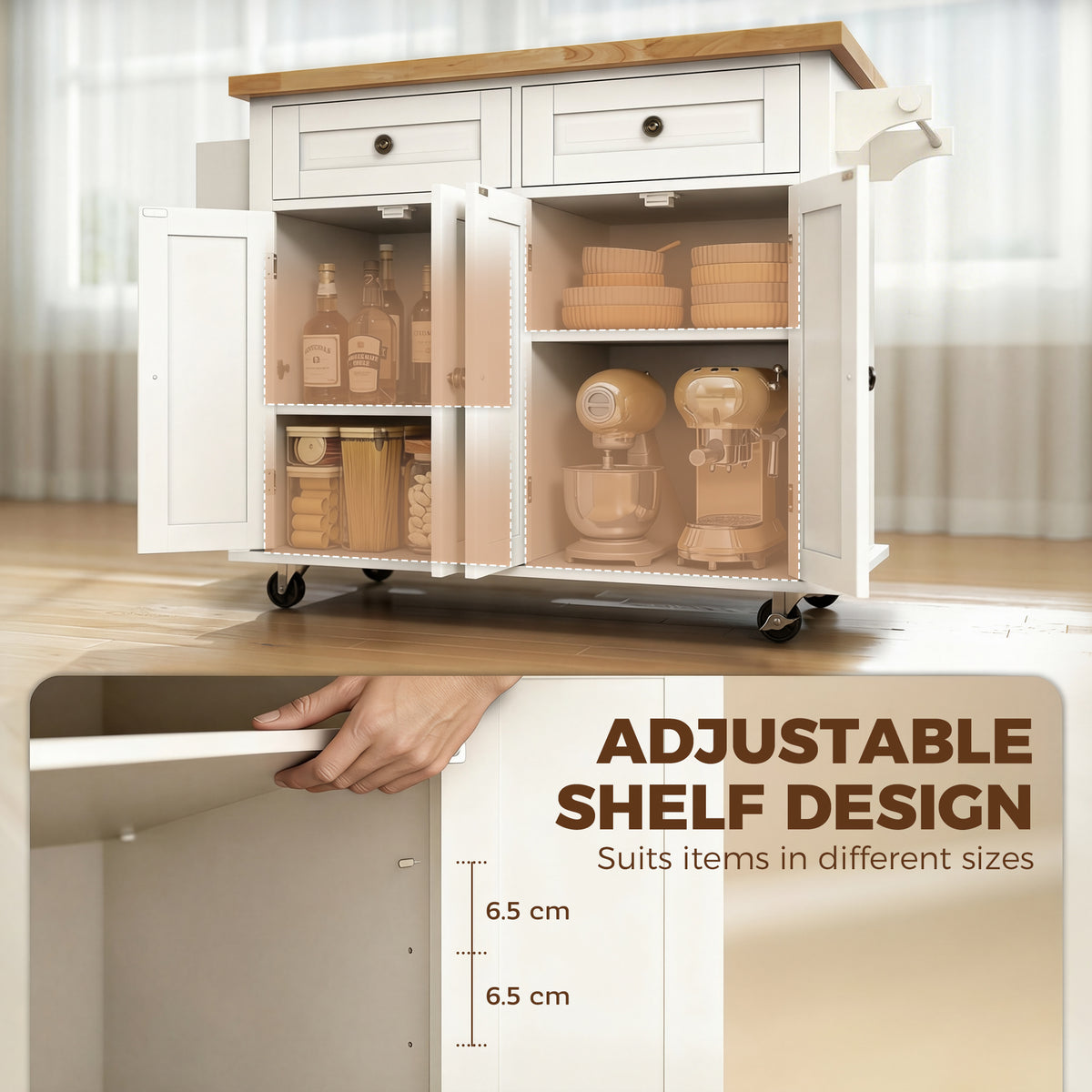 Homcom Rolling Kitchen Island Rubberwood Top Drawers Cream White Shelves