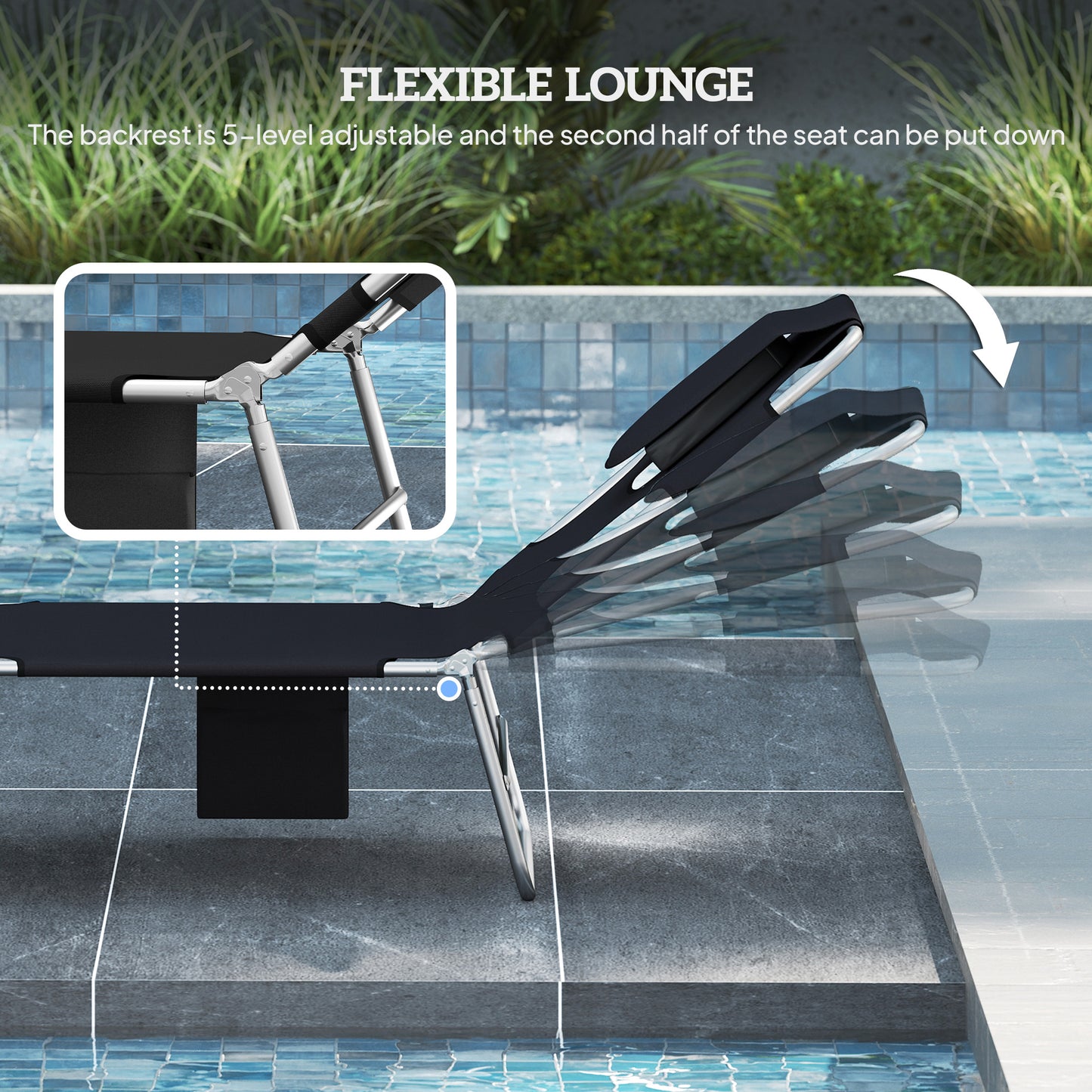 Outsunny 5 Position Adjustable Sun Loungers Set of 2 with Reading Hole and Side Pocket in Black