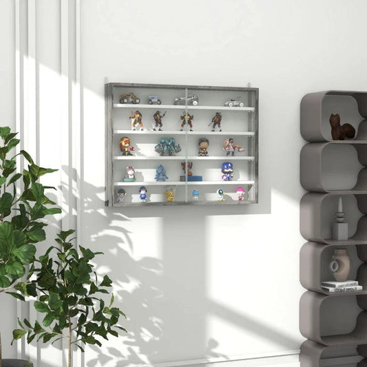 HOMCOM 5-Tier Wall Display Shelf Unit Cabinet with 4 Adjustable Shelves, Glass Doors, Home Office Ornaments - 60x80cm Grey Wood Grain - ALL4U RETAILER LTD
