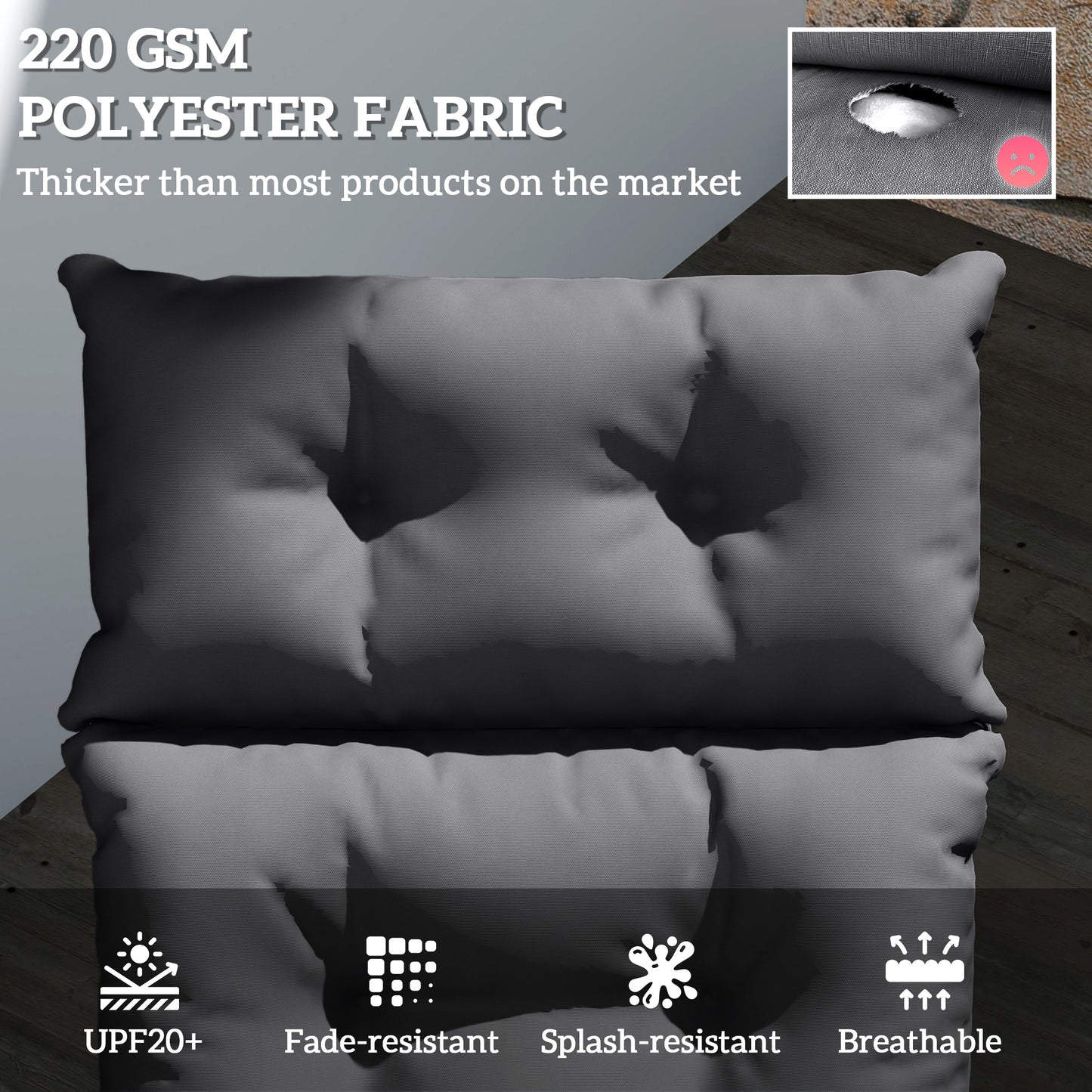Outsunny Sun Lounger Cushions 190x56x10cm Two Pack With 6 Ties UPF20 Plus 220GSM Fabric Thick Dark Grey