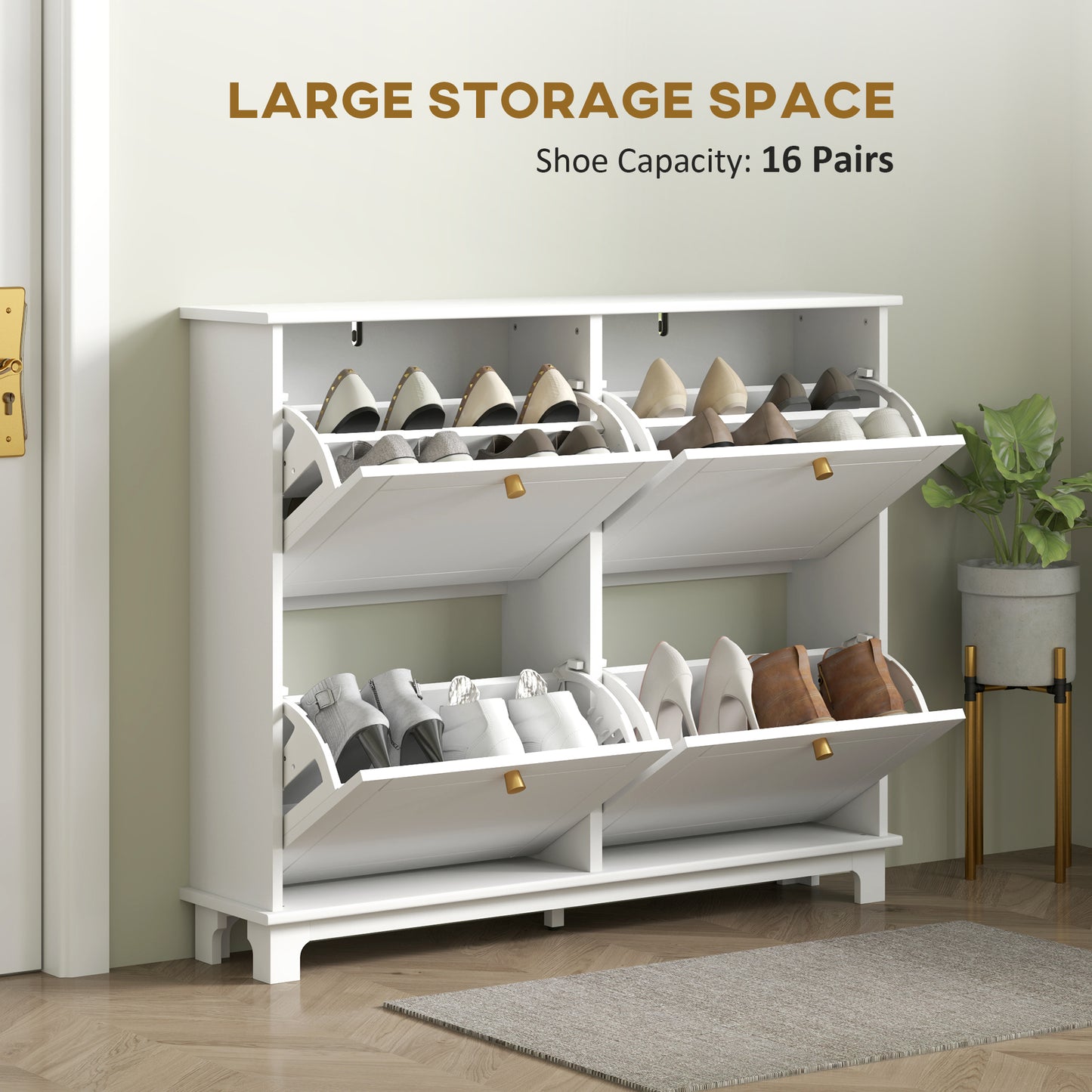 HOMCOM Narrow Shoe Storage Cabinet With 4 Flip Drawers And Adjustable Shelves For 16 Pairs White