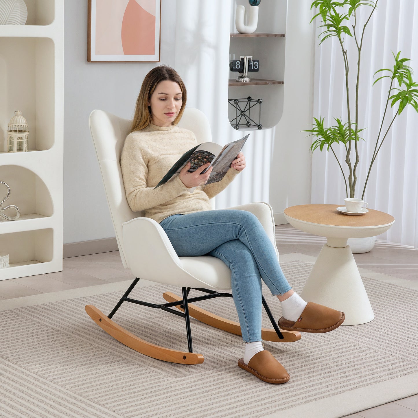 HOMCOM Velvet Rocking Chair Armchair With Solid Wood Legs And Metal Frame Cream Living Room Bedroom