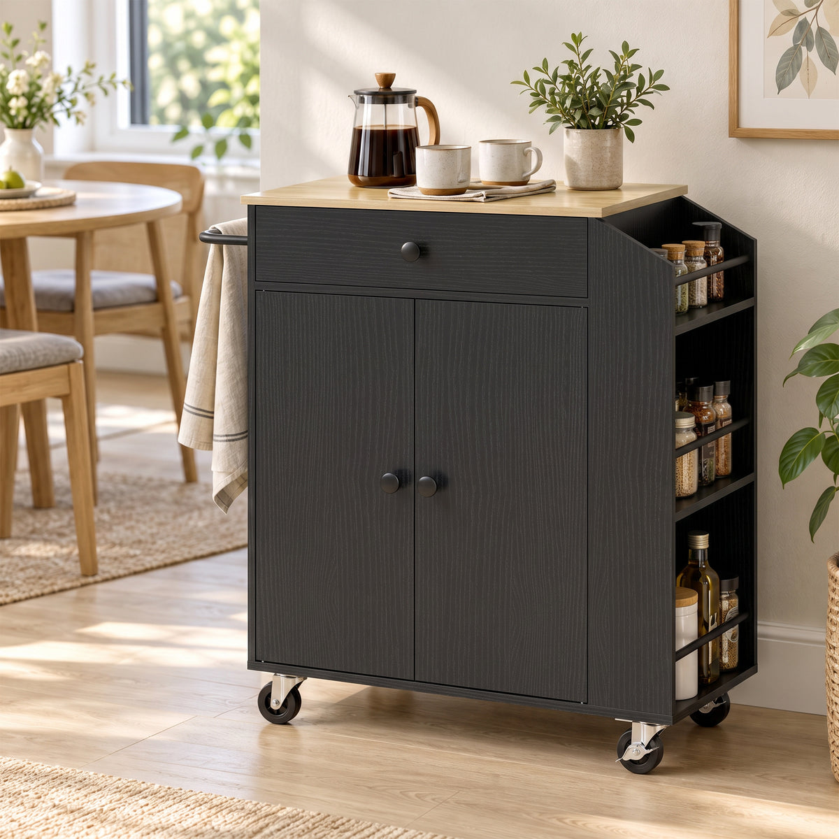 Rolling kitchen island cart with cabinet doors and side spice rack shelves, dark finish