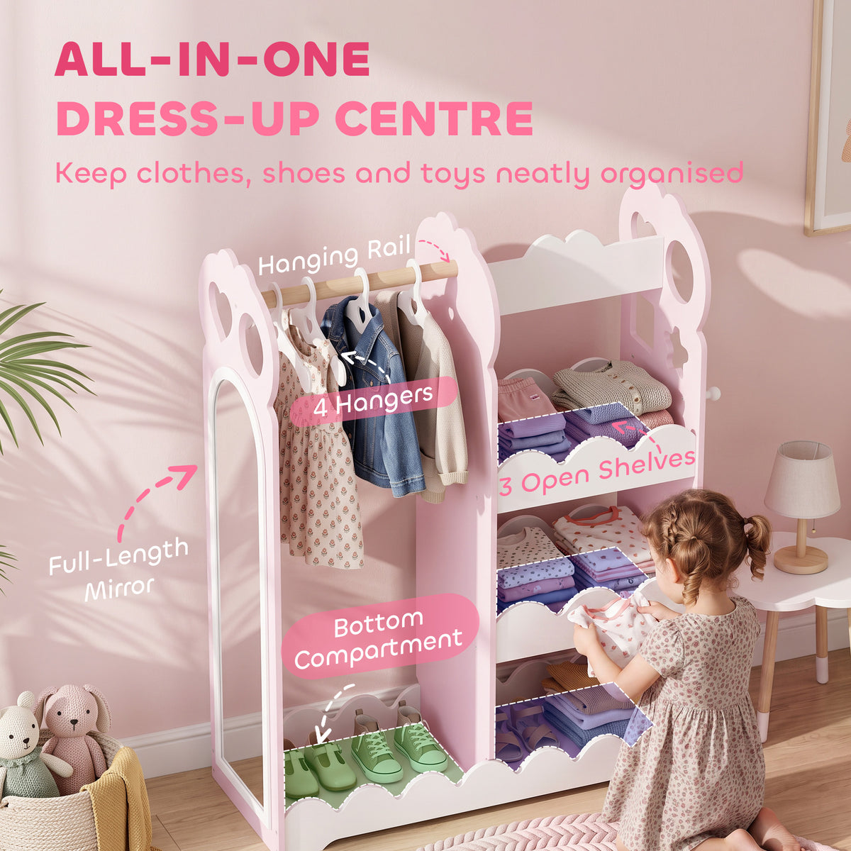 AIYAPLAY Kids Pink Wardrobe With Mirror Clothes Rail And Storage Shelves