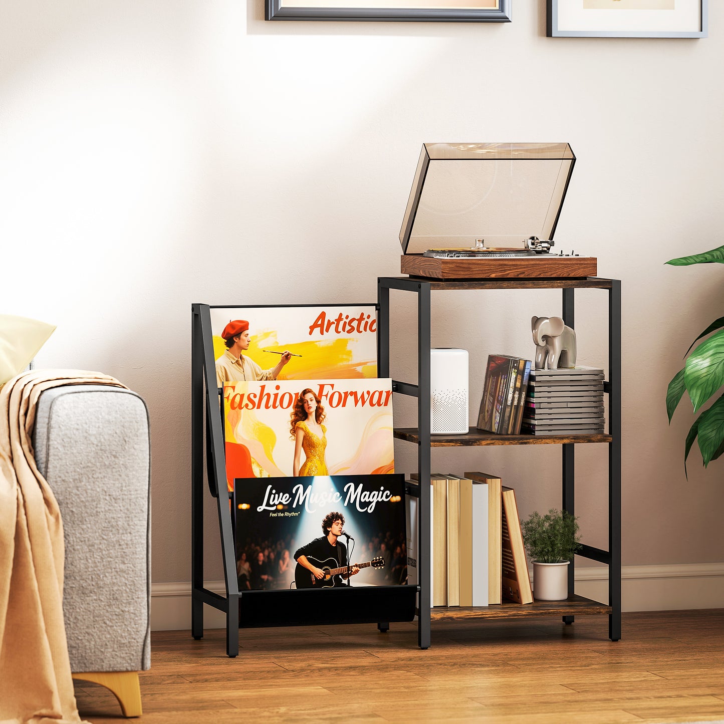 HOMCOM 3 Tier Record Player Stand End Table for Living Room and Bedroom Rustic Brown