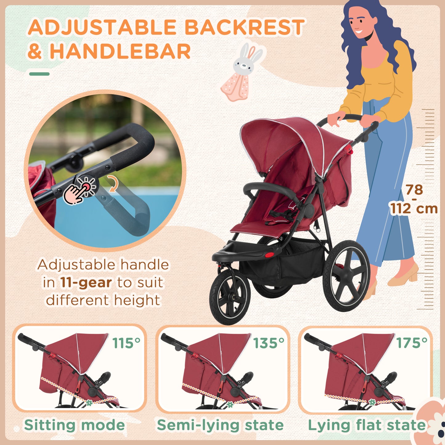 HOMCOM Compact Tri-Wheel Baby Stroller with Adjustable Canopy and Storage Basket, Lightweight Design, Red - ALL4U RETAILER LTD