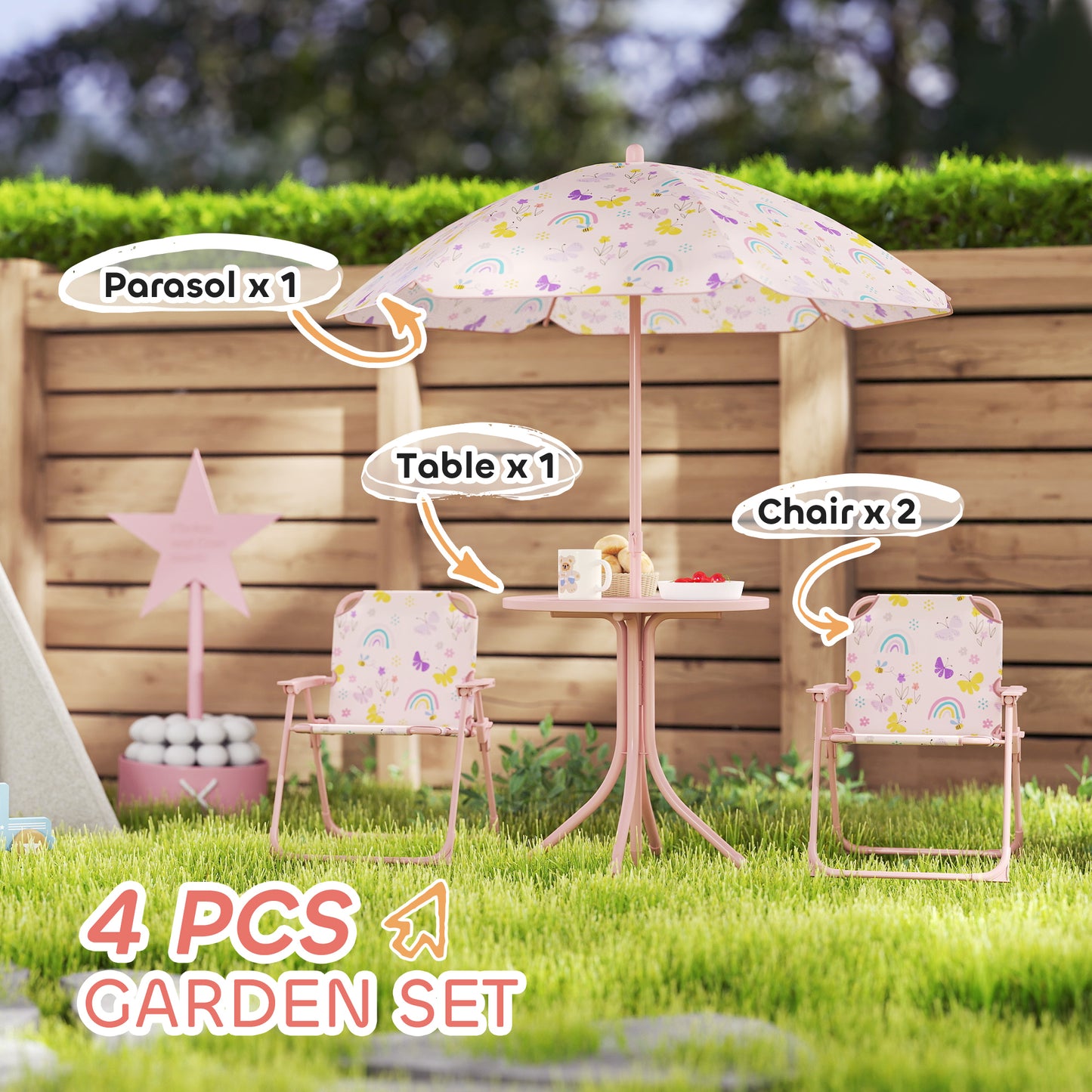AIYAPLAY 4-Piece Foldable Kids Garden Table and Chair Set With Adjustable Parasol Pink Rainbow Pattern for Ages 2-5