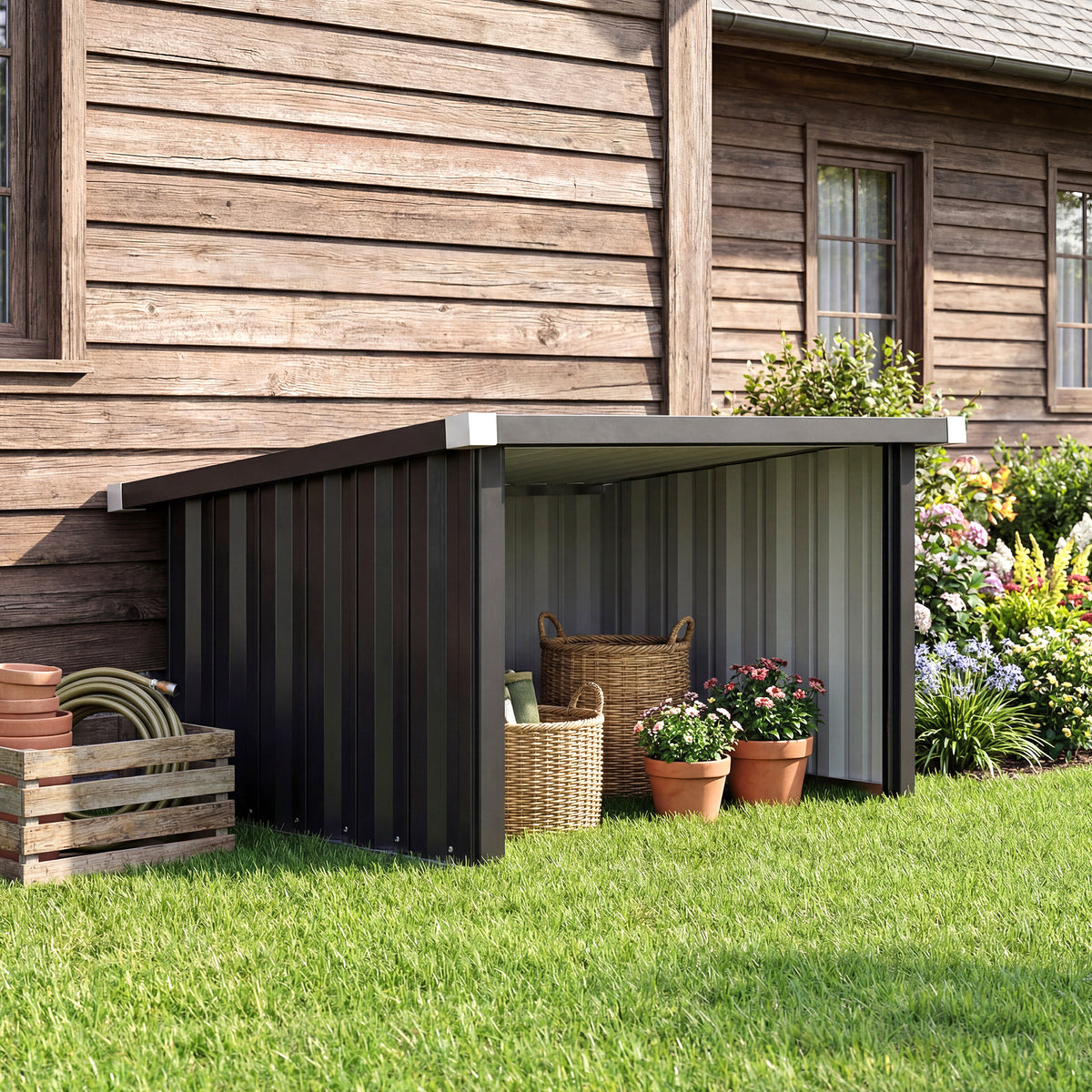 Robot mower storage shed with sloped roof, open front, dark steel siding