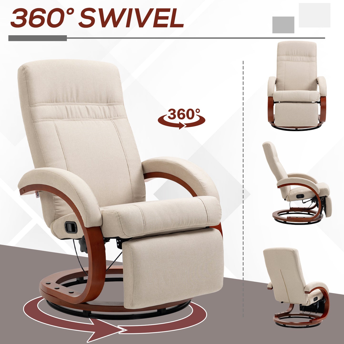 HOMCOM 135 Degree Manual Reclining Swivel Chair With Footrest Beige Linen Upholstery High Back Armrests