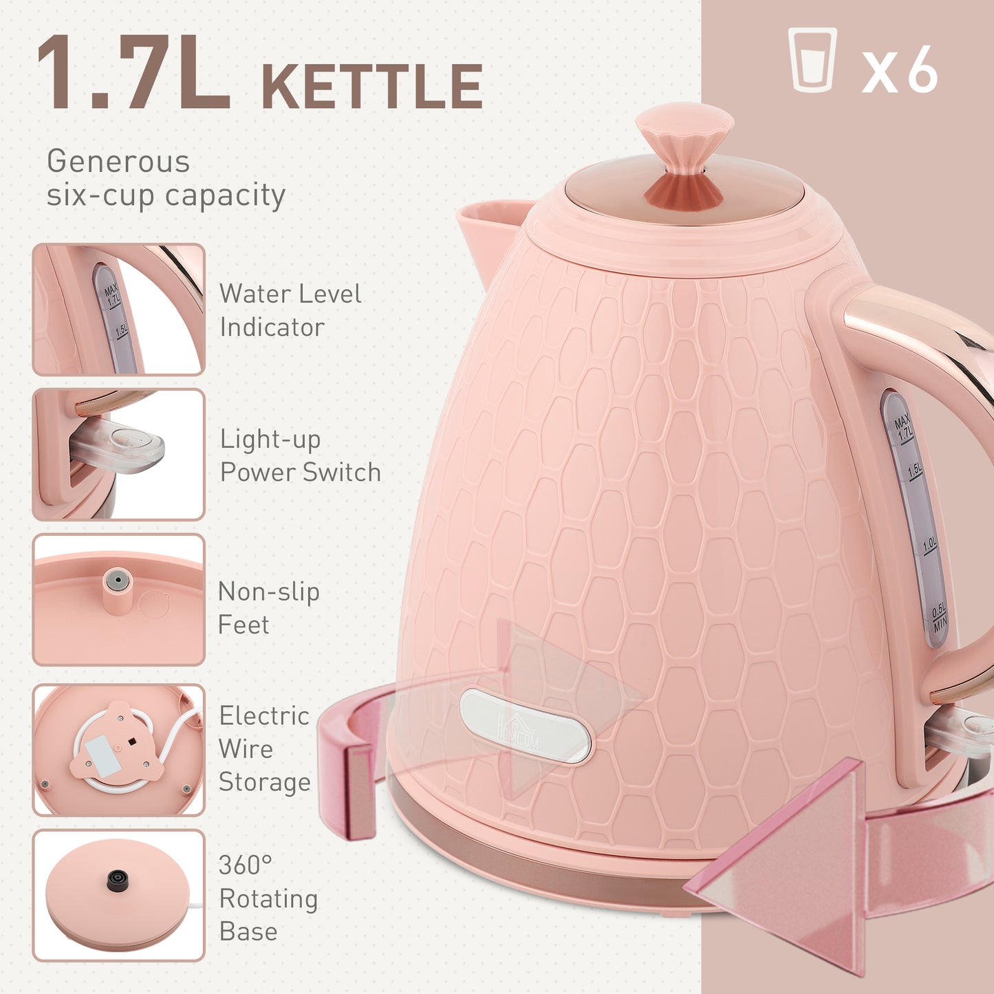 HOMCOM Kettle and Toaster Set 1.7L 3000W Fast Boil Kettle 4 Slice Toaster Honeycomb Pattern Light Pink