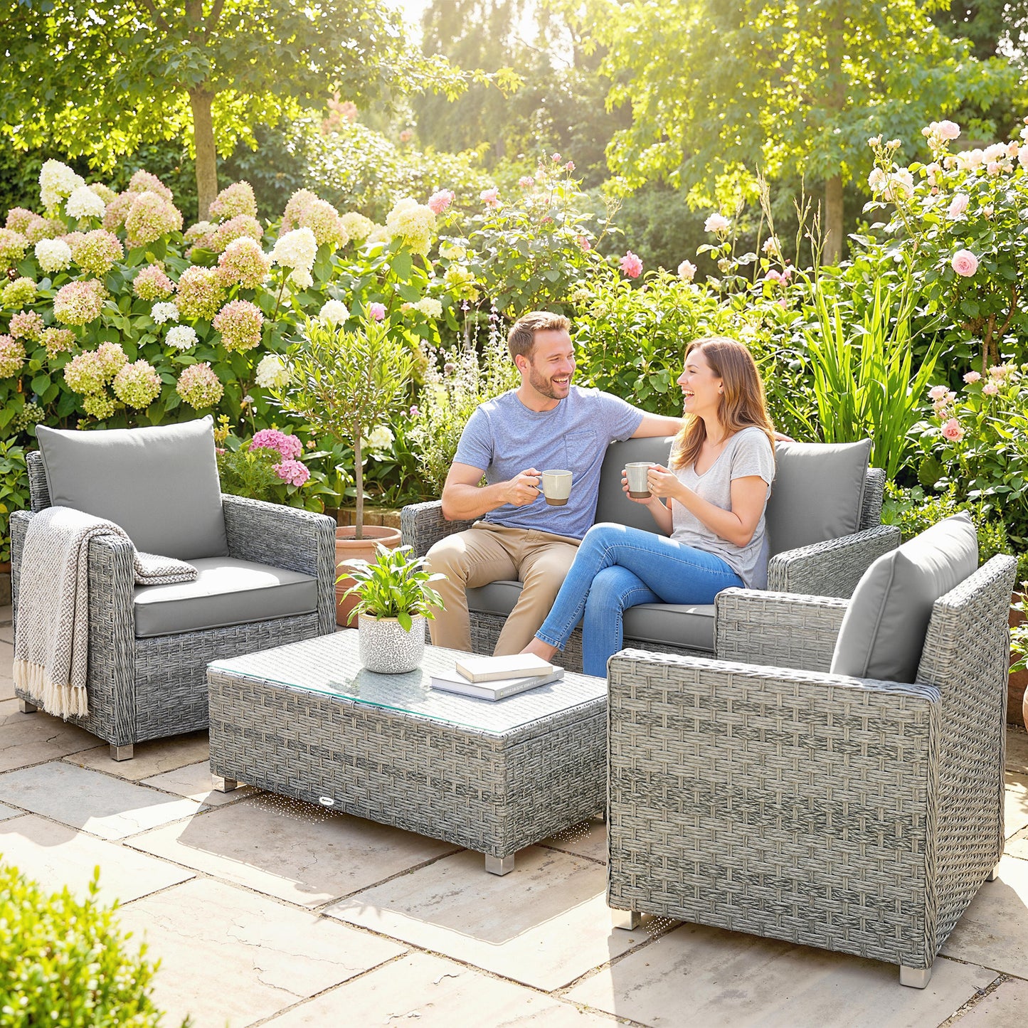 Outsunny 4 Piece Rattan Garden Furniture Set With Loveseat And 2 Armchairs Glass Top Table Wicker Set Grey