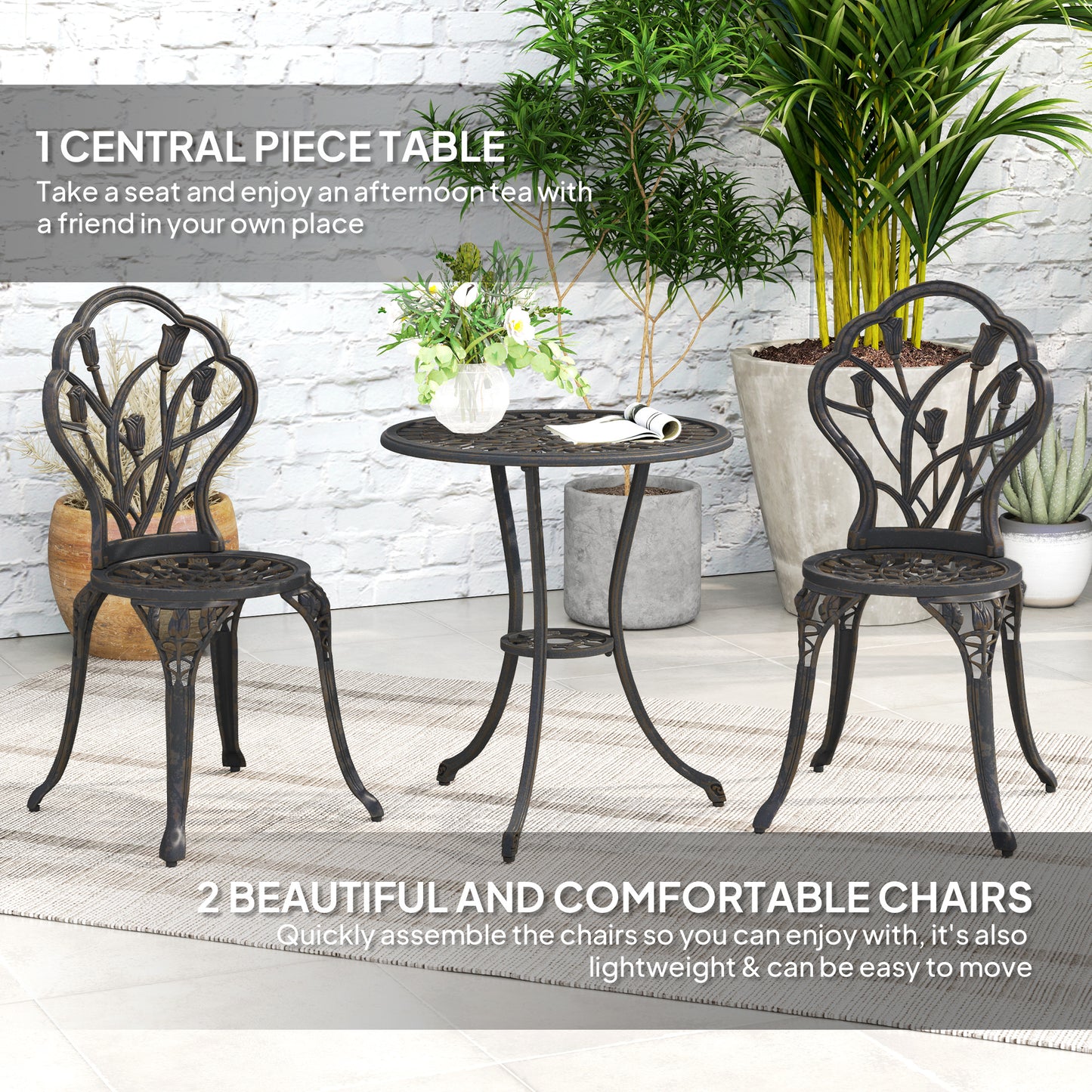 Outsunny 3 Piece Patio Bistro Set For 2 Outdoor Aluminum Garden Table And Chairs With Umbrella Hole Bronze Tone
