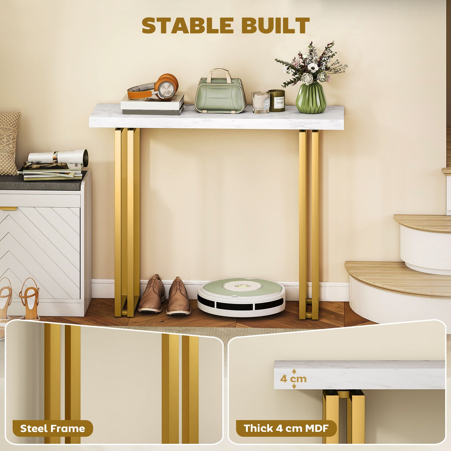 HOMCOM 100 cm Console Table With Faux Marble Top Narrow Entryway Table Anti-Tipping Device White