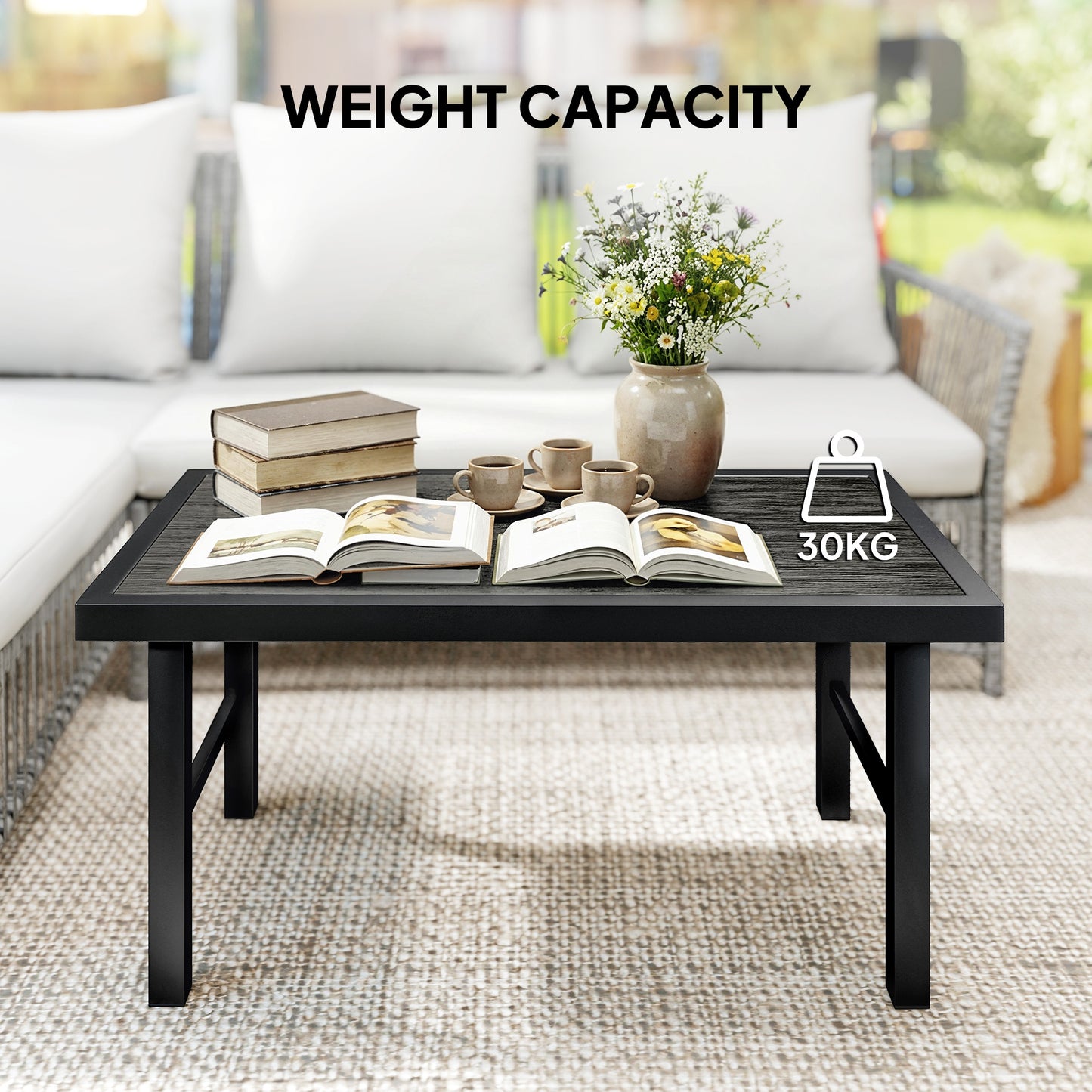 Outsunny Metal Garden Coffee Table With SPC Woodgrain Tabletop 100 x 52 x 46 cm Outdoor Side Table Dark Grey