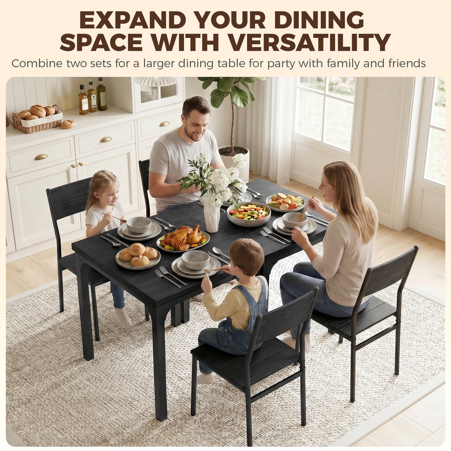 HOMCOM 3 Piece Space Saving Kitchen Table And Chairs Set For 2 With Metal Legs Black Wood Effect