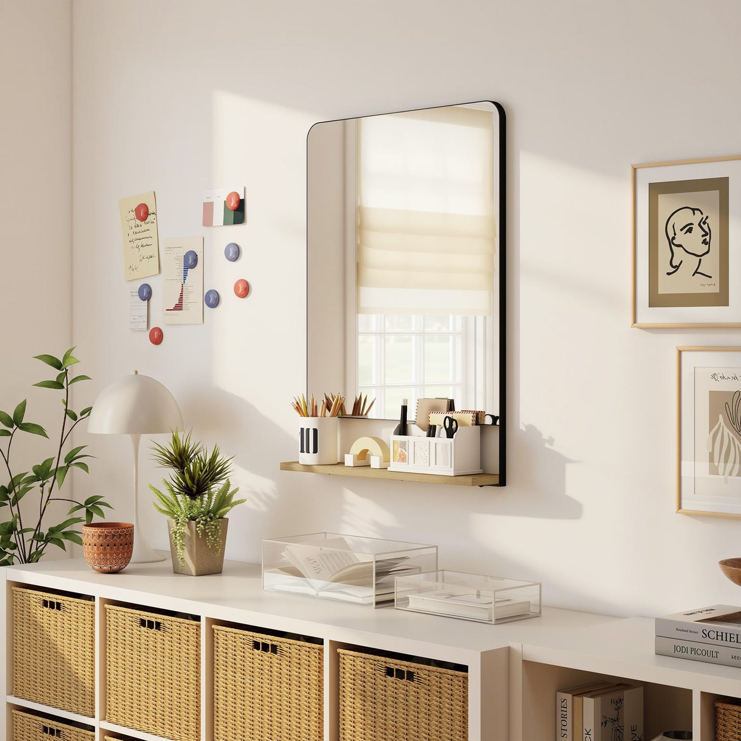 HOMCOM Wall Mirror With Wood Shelf Black Industrial Metal Frame Entryway Organizer And Decor