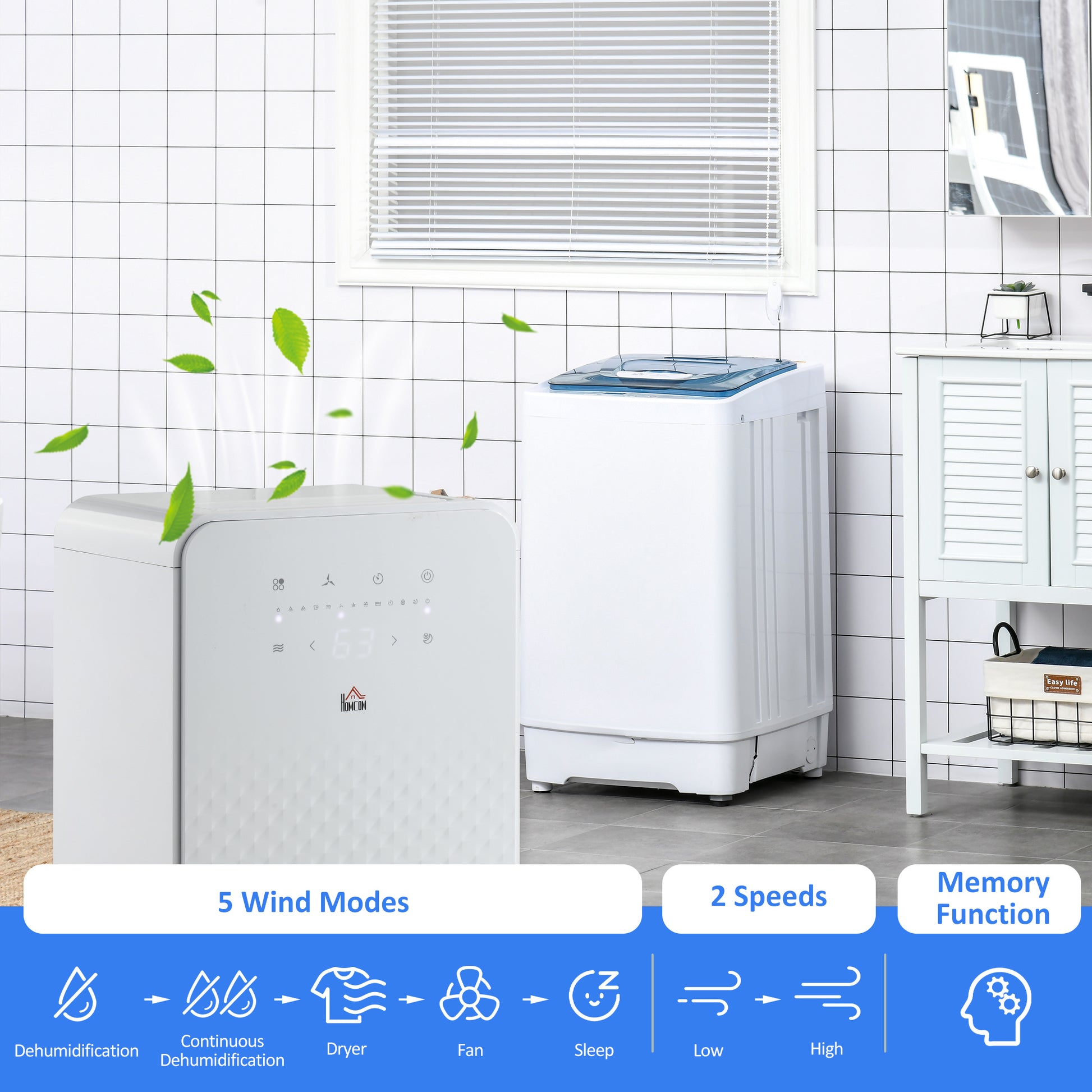 HOMCOM 2000mL Compact Dehumidifier and Air Purifier with 5 Modes, 24-Hour Timer, 12L/Day Capacity for Home Use, White - ALL4U RETAILER LTD