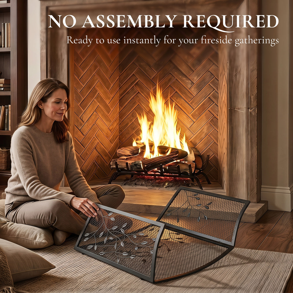 Foldable metal fireplace spark guard screen with black mesh and leaf cutout panels