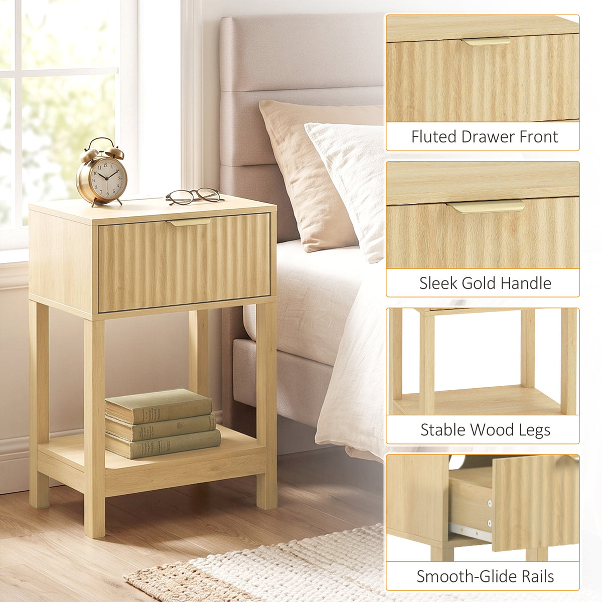 Oak nightstand with fluted drawer front, gold handle, sturdy wood legs, smooth rails
