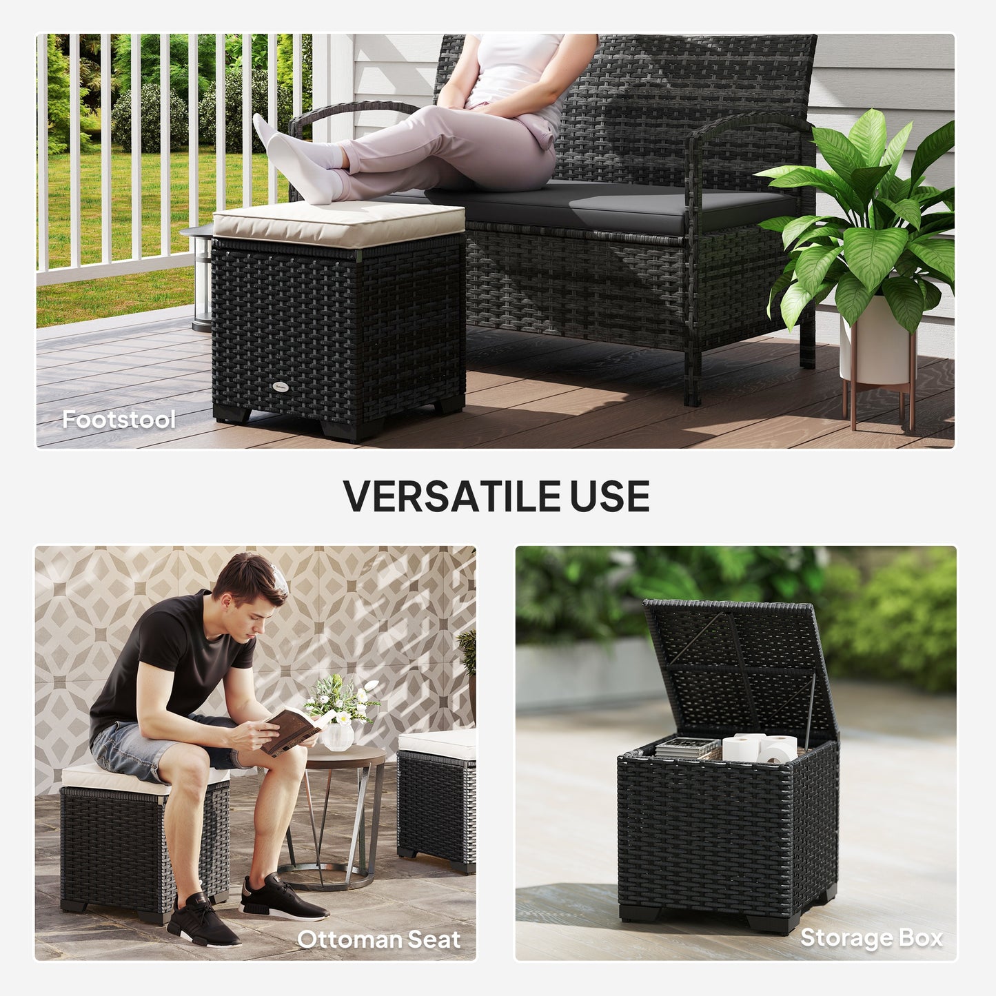 Outsunny Set Of 2 Rattan Storage Ottomans Outdoor Footstools With Removable Cushions Cream