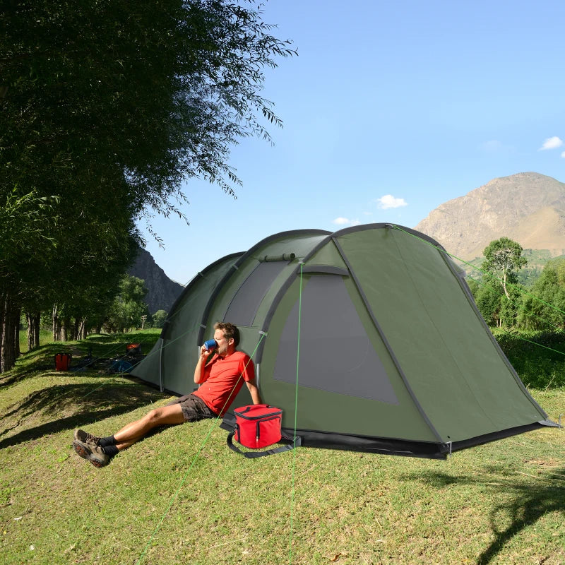 Outsunny 2-Room Tunnel Camping Tent for 3-4 People with Windows, Covers, Carry Bag - Ideal for Fishing, Hiking, Sports - Green - ALL4U RETAILER LTD