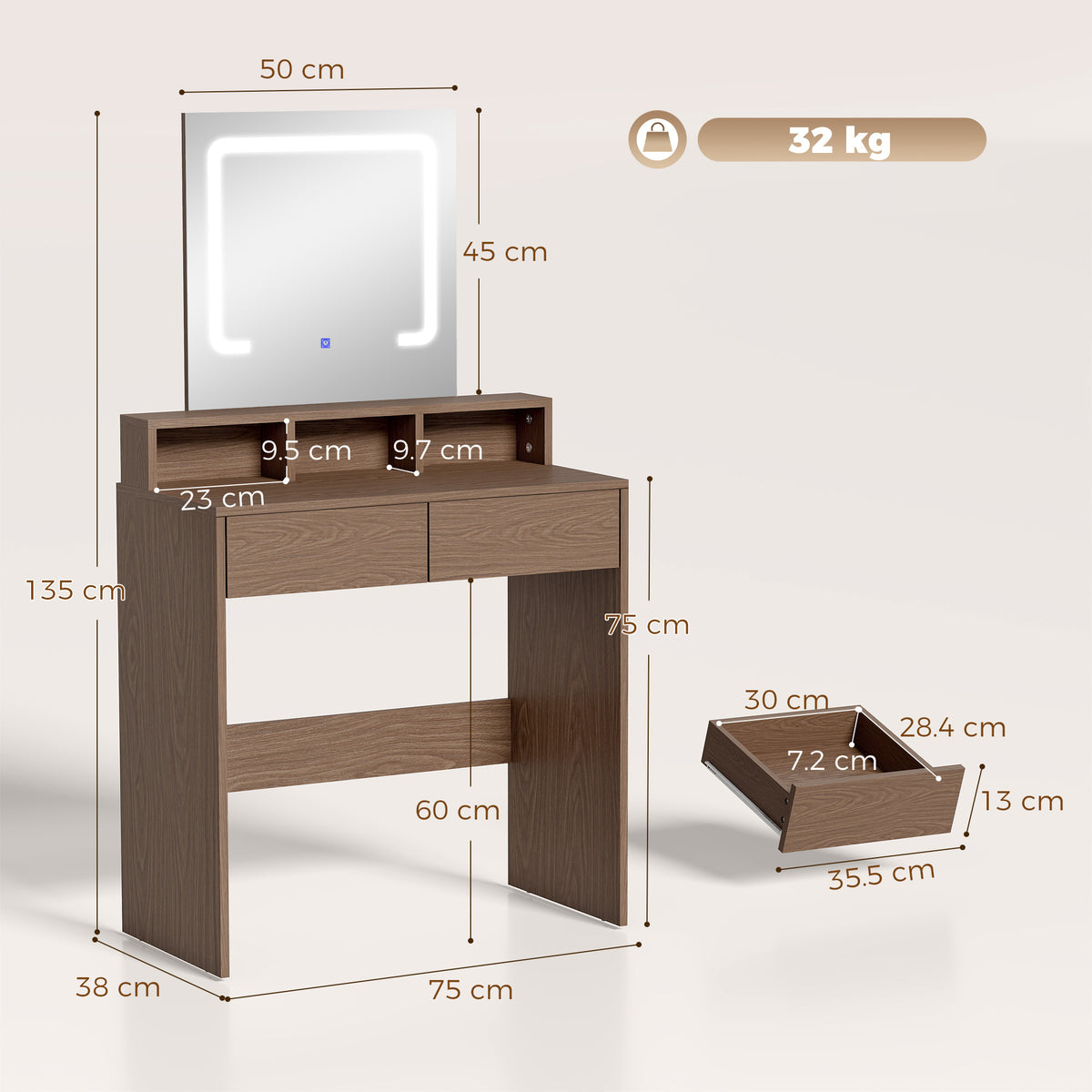 Homcom Walnut Vanity Table With LED Mirror And Two Drawers