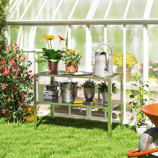 Outsunny Galvanised Steel Potting Bench 2 Tier Table With Storage Shelf For Outdoor Patio Greenhouse 110x50x75cm Silver