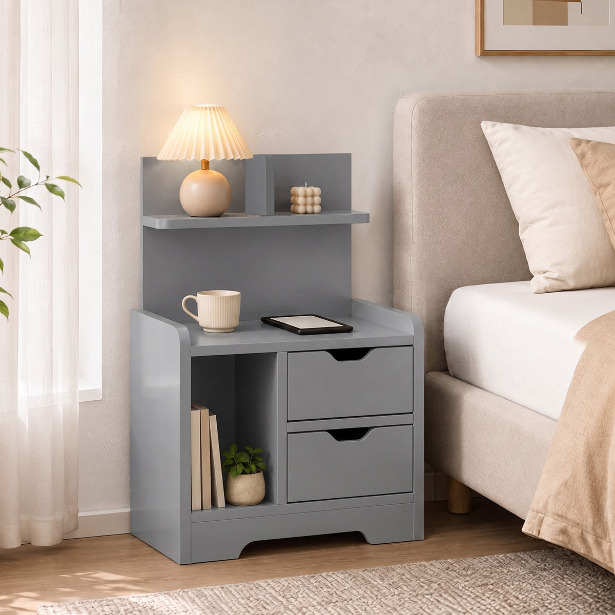 HOMCOM Grey Bedside Table with 2 Drawers and Open Storage Shelves for Bedroom