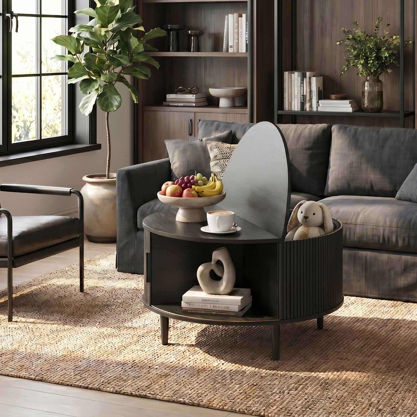 HOMCOM Lift Top Round Coffee Table With Hidden Storage And Fluted Sliding Door 80 cm Black Wood Effect