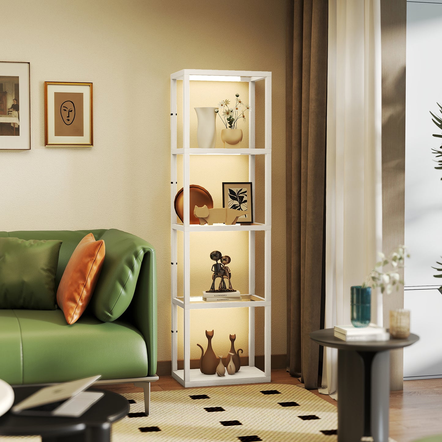 HOMCOM Four Shelf Floor Lamp With Bleached Oak Finish And Tempered Glass Shelves Three Level Adjustable LED Lighting
