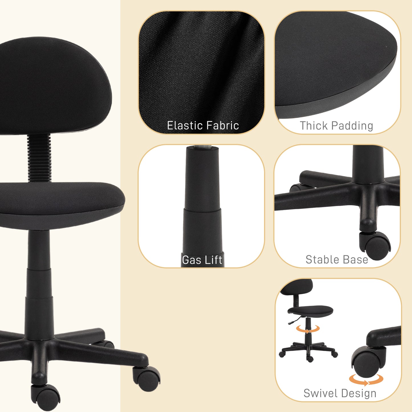 HOMCOM Compact Swivel Desk Chair - Black - ALL4U RETAILER LTD