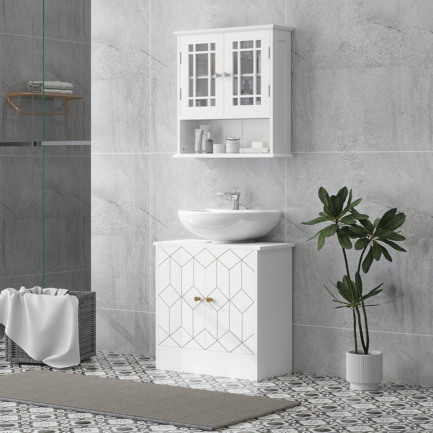 HOMCOM Under Sink Bathroom Cabinet With Adjustable Shelf And Open Compartments For Basins 60x30x60cm White