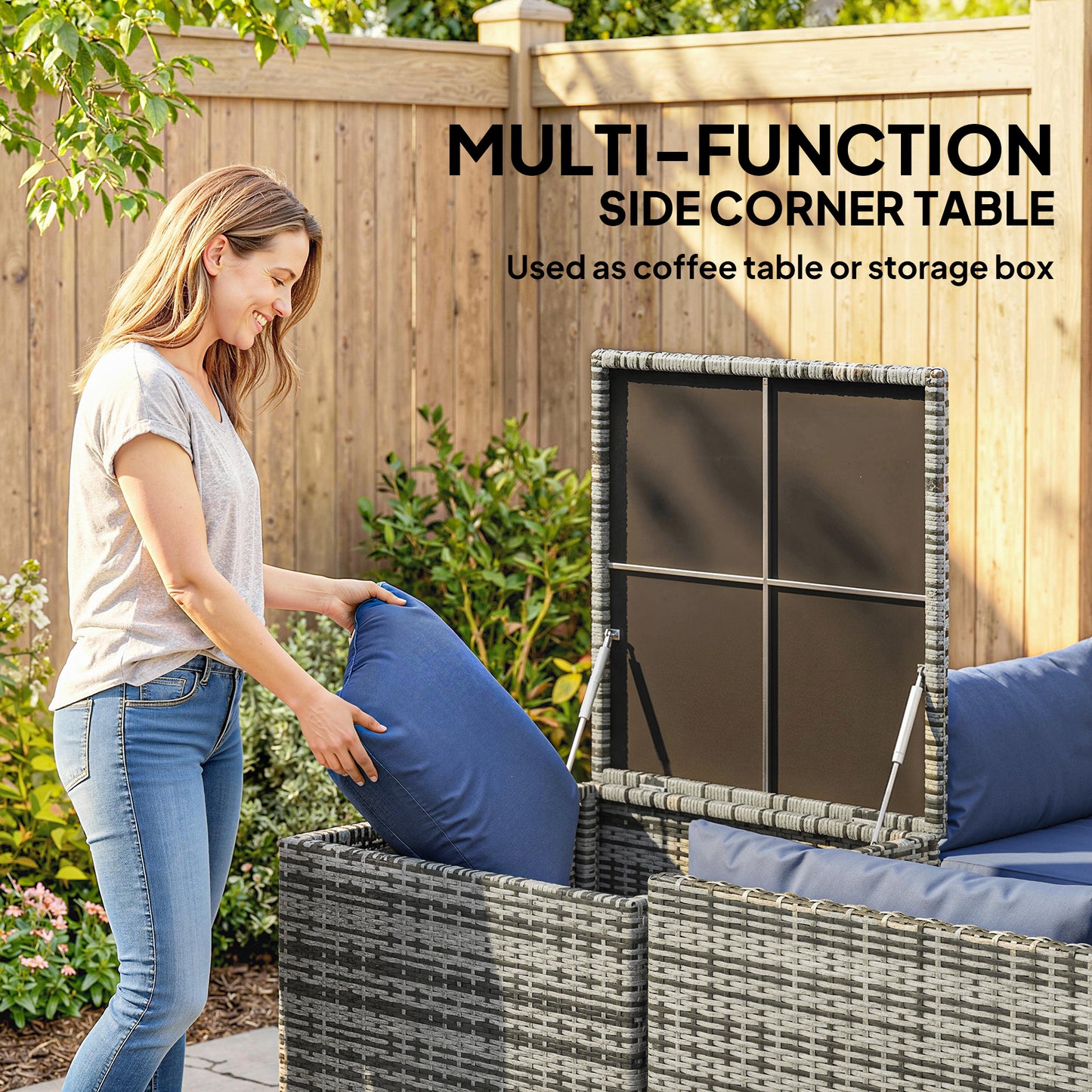 Outsunny 4 Piece Rattan Garden Furniture Set Outdoor Corner Sofa With Storage Table Cushions Dark Blue