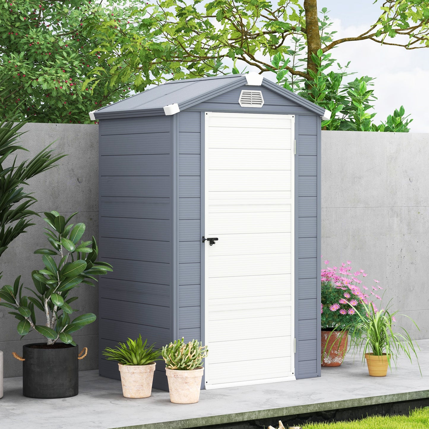 Outsunny 4x3ft Outdoor Garden Storage Shed with Lockable Door, Ventilation and Galvanised Foundation Kit - Grey - ALL4U RETAILER LTD