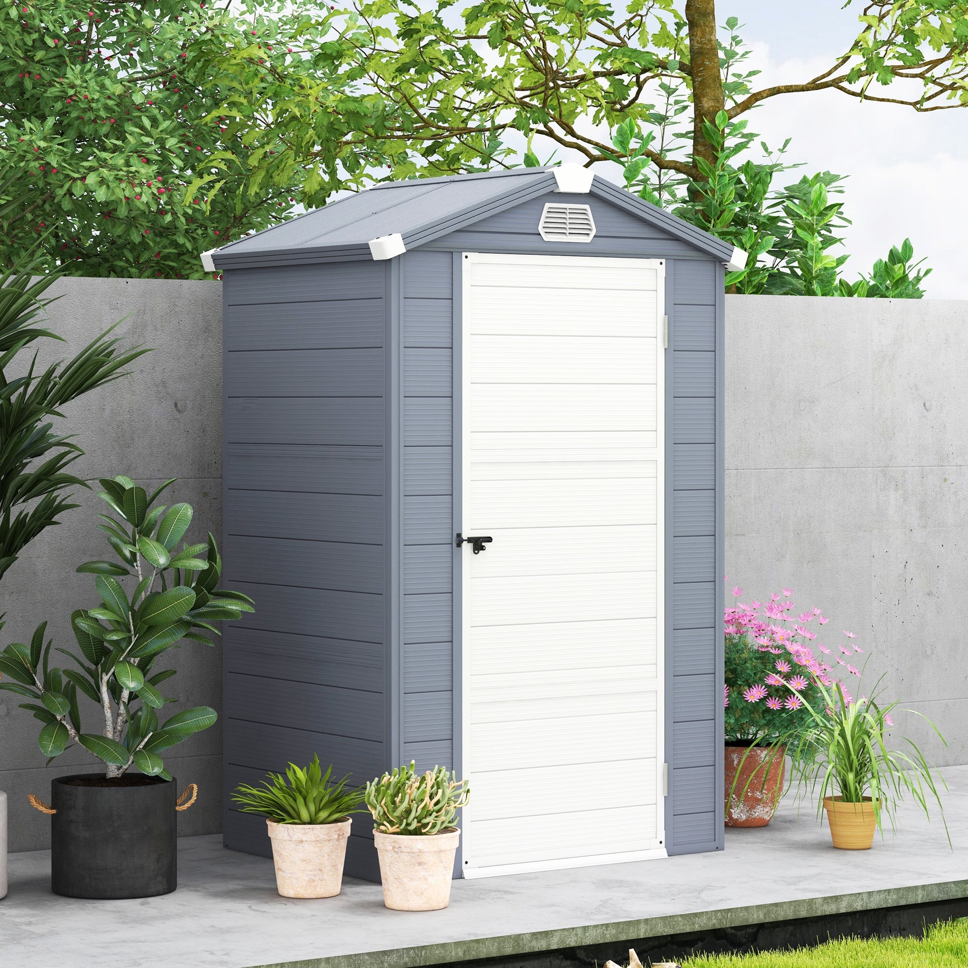 Outsunny 4x3ft Outdoor Garden Storage Shed with Lockable Door, Ventilation and Galvanised Foundation Kit - Grey - ALL4U RETAILER LTD