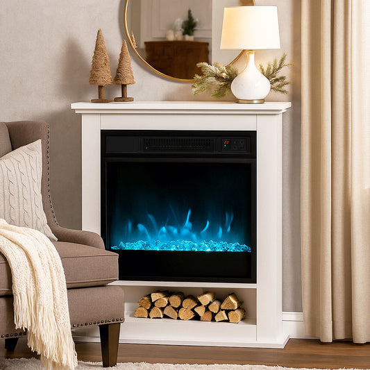 White electric fireplace with blue flame effect and stacked log storage shelf.