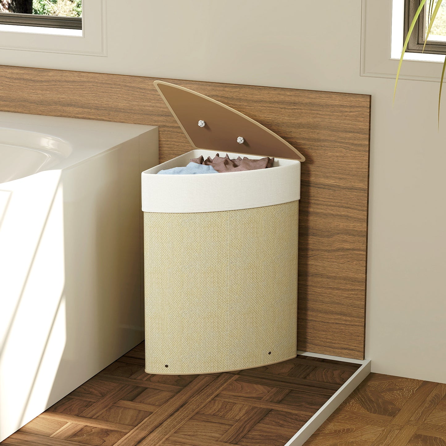 HOMCOM Bamboo Laundry Basket With Lid 55L Corner Hamper Removable Washable Liner Bag Triangle Basket Nature Wood Finish