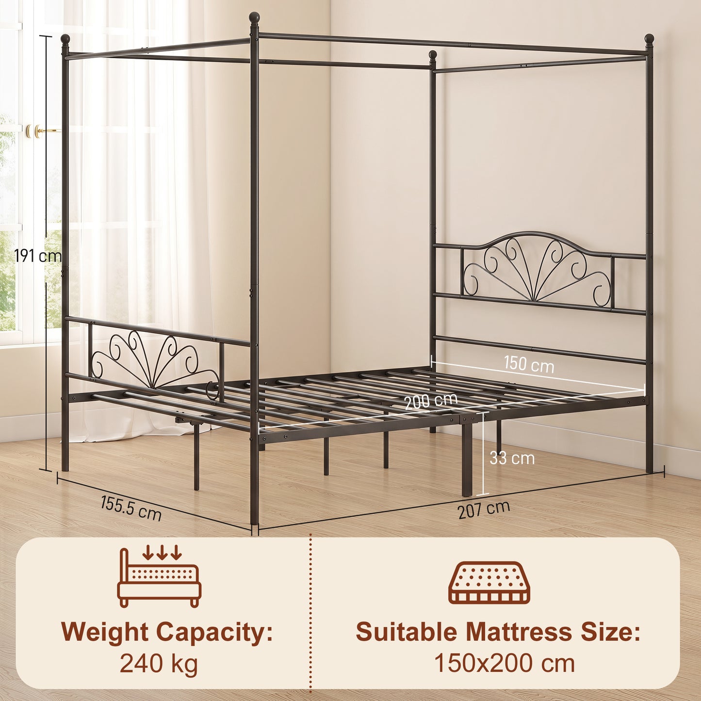 Homcom King Size Metal Platform Bed Frame With Canopy Posts Black