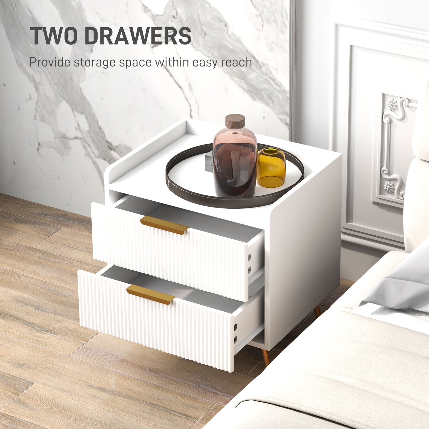 HOMCOM Elegant Two Drawer Bedside Tables Set Of 2 White With Ridged Fronts And Gold Tone Handles