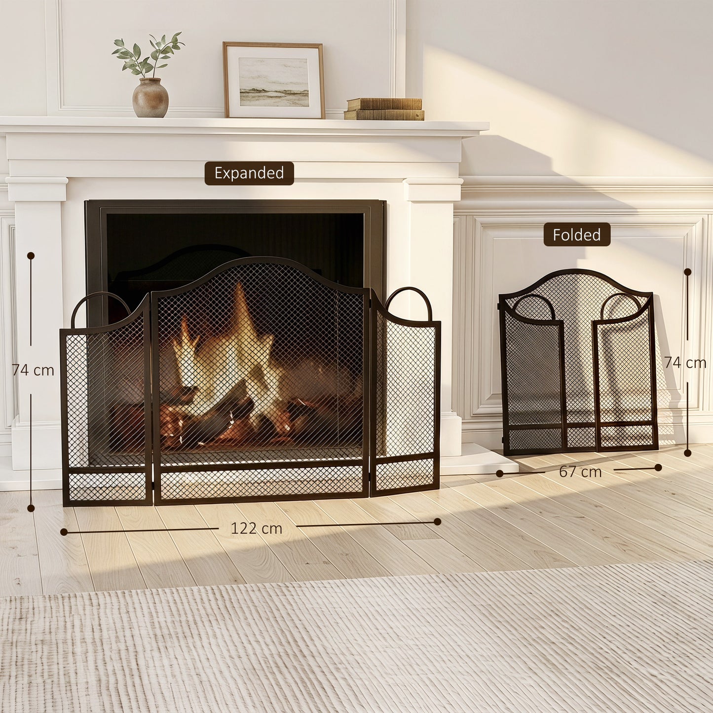 HOMCOM Floral Folding Fireplace Screen Heat Resistant Black