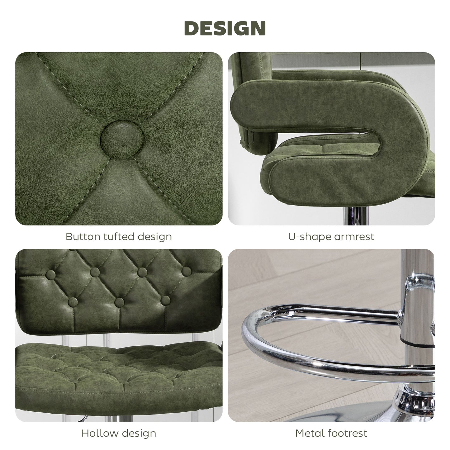 HOMCOM PU Leather Upholstered Swivel Bar Stool With Backrest Armrests Footrest Height Adjustable Green