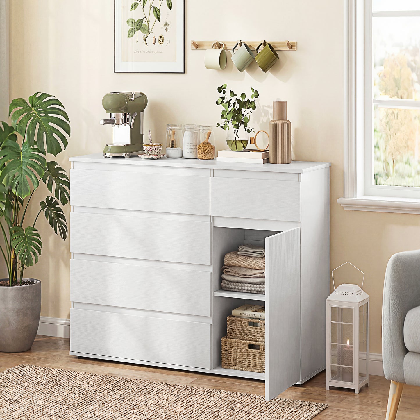 HOMCOM Modern Sideboard Storage Cabinet With Five Drawers Soft Close Doors And Adjustable Shelf White