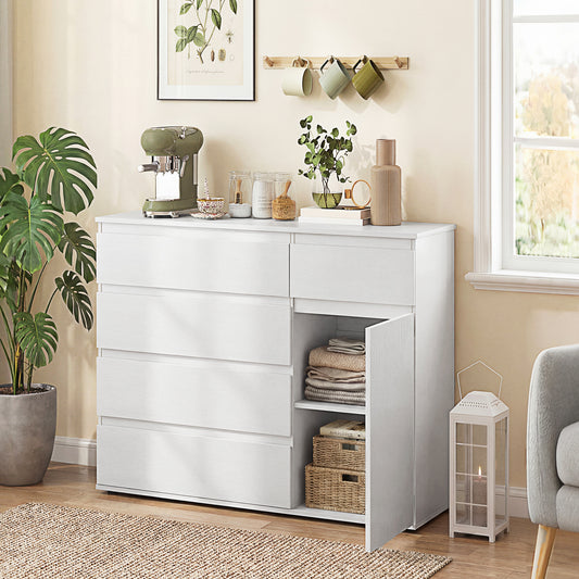 HOMCOM Modern Sideboard Storage Cabinet With Five Drawers Soft Close Doors And Adjustable Shelf White